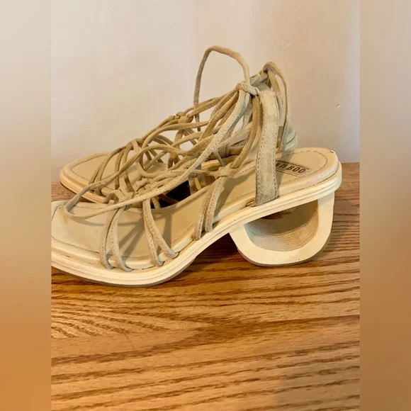 VTG y2k Bamboo Cut Out Heels Wrap Tie Sandal Wedge Wood Suede 7 2000 90s Chunk - Picture 7 of 12